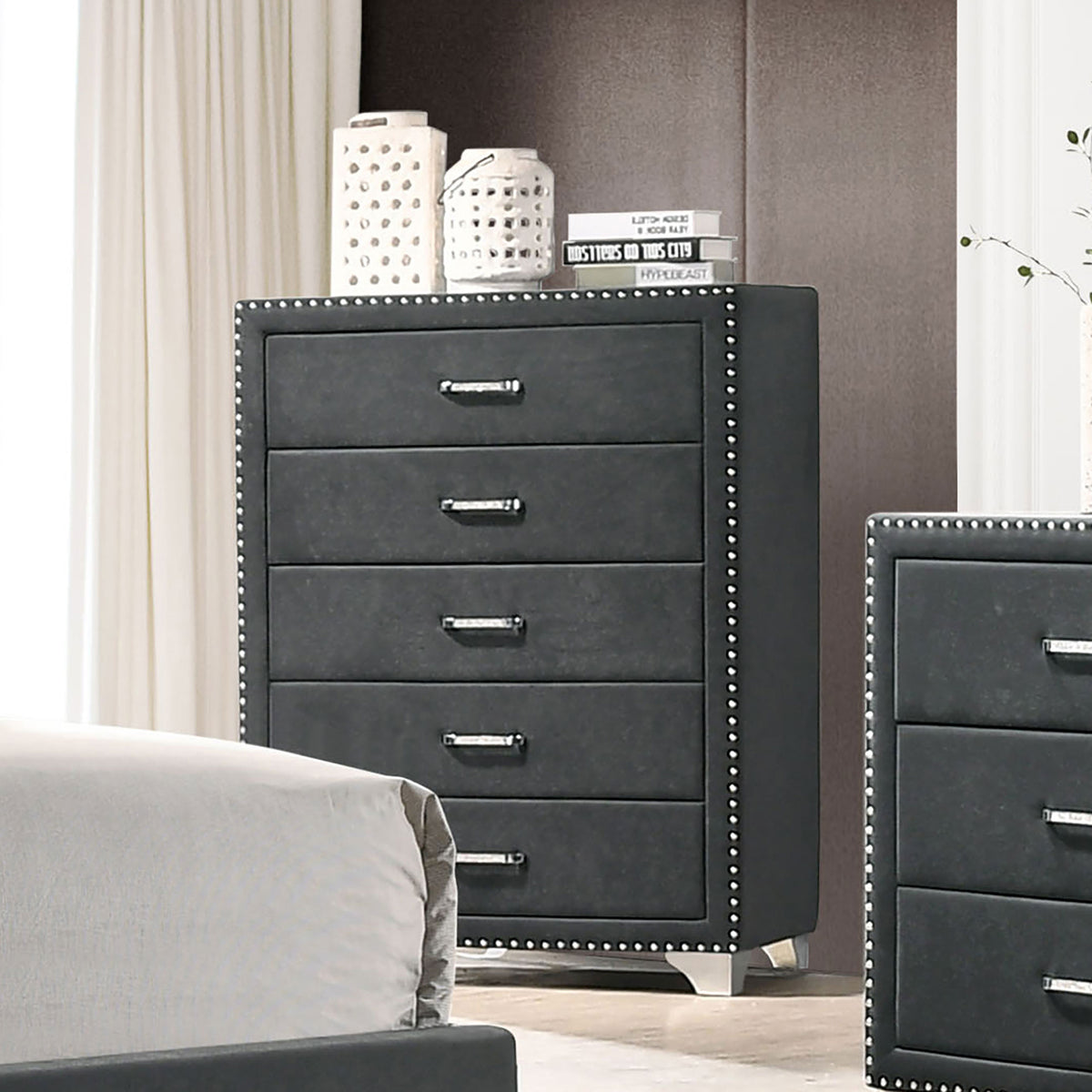 Melody Velvet Wingback Bed & Bedroom Sets - Button Tufting with Chrome Nailhead Trim in Grey, Queen to California King - lifestyle