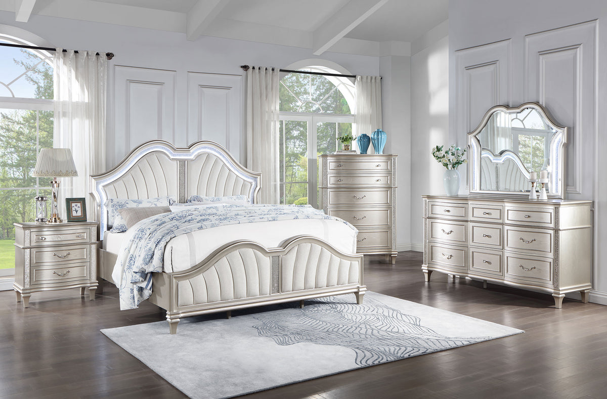 Evangeline Double Arch LED Panel Bed & Bedroom Sets - 5pcs- California King Bed + Nightstand + Dresser + Mirror + Chest