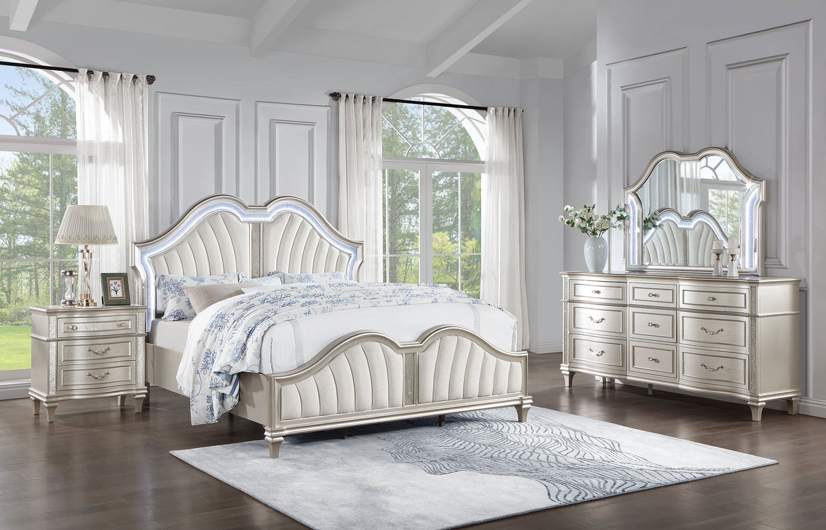 Evangeline Double Arch LED Panel Bed & Bedroom Sets - 4pcs- Queen Bed + Nightstand + Dresser + Mirror