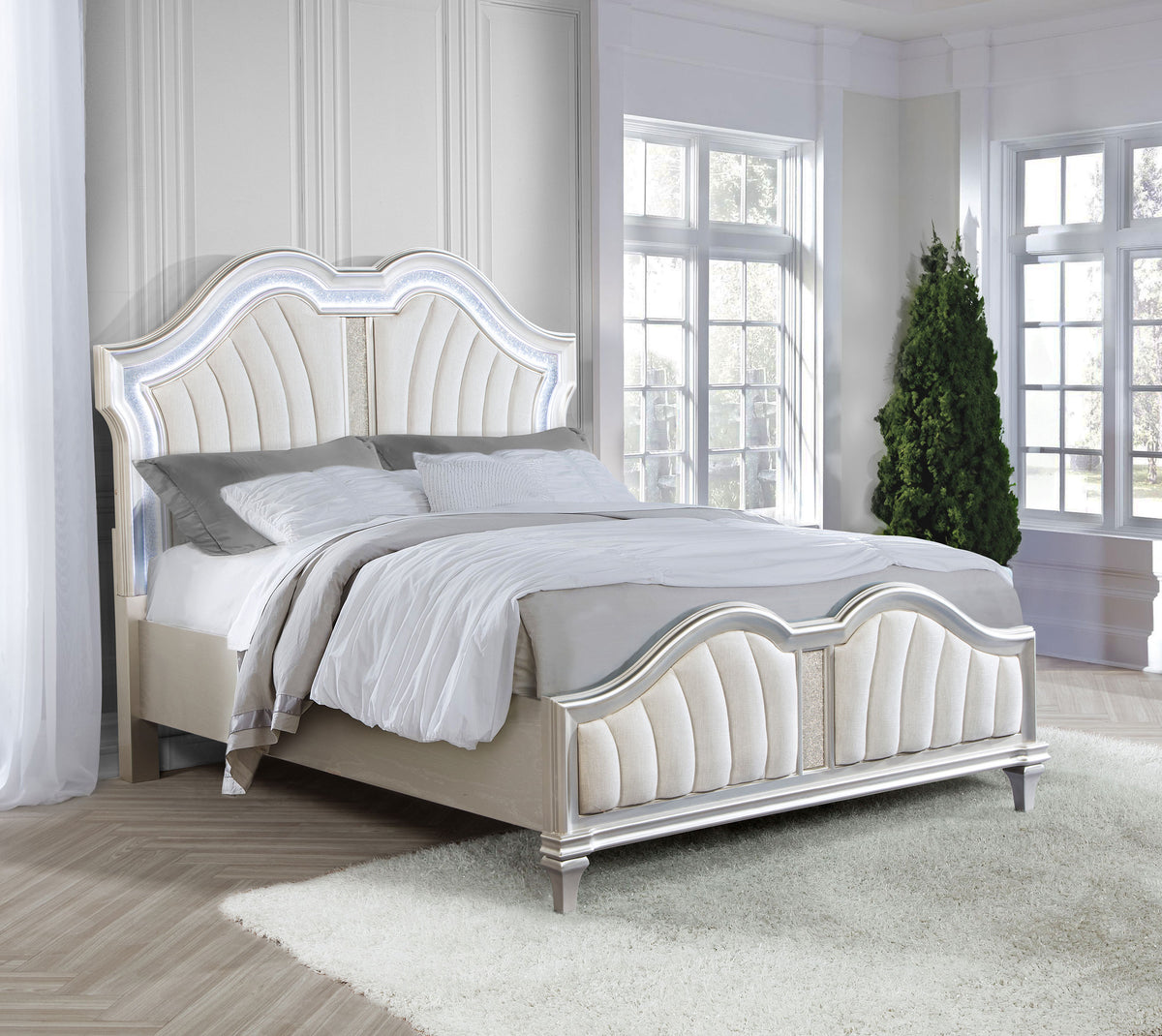 Evangeline Double Arch LED Panel Bed & Bedroom Sets - Silver Oak Glam with Ivory Chenille Tufting โ view 1