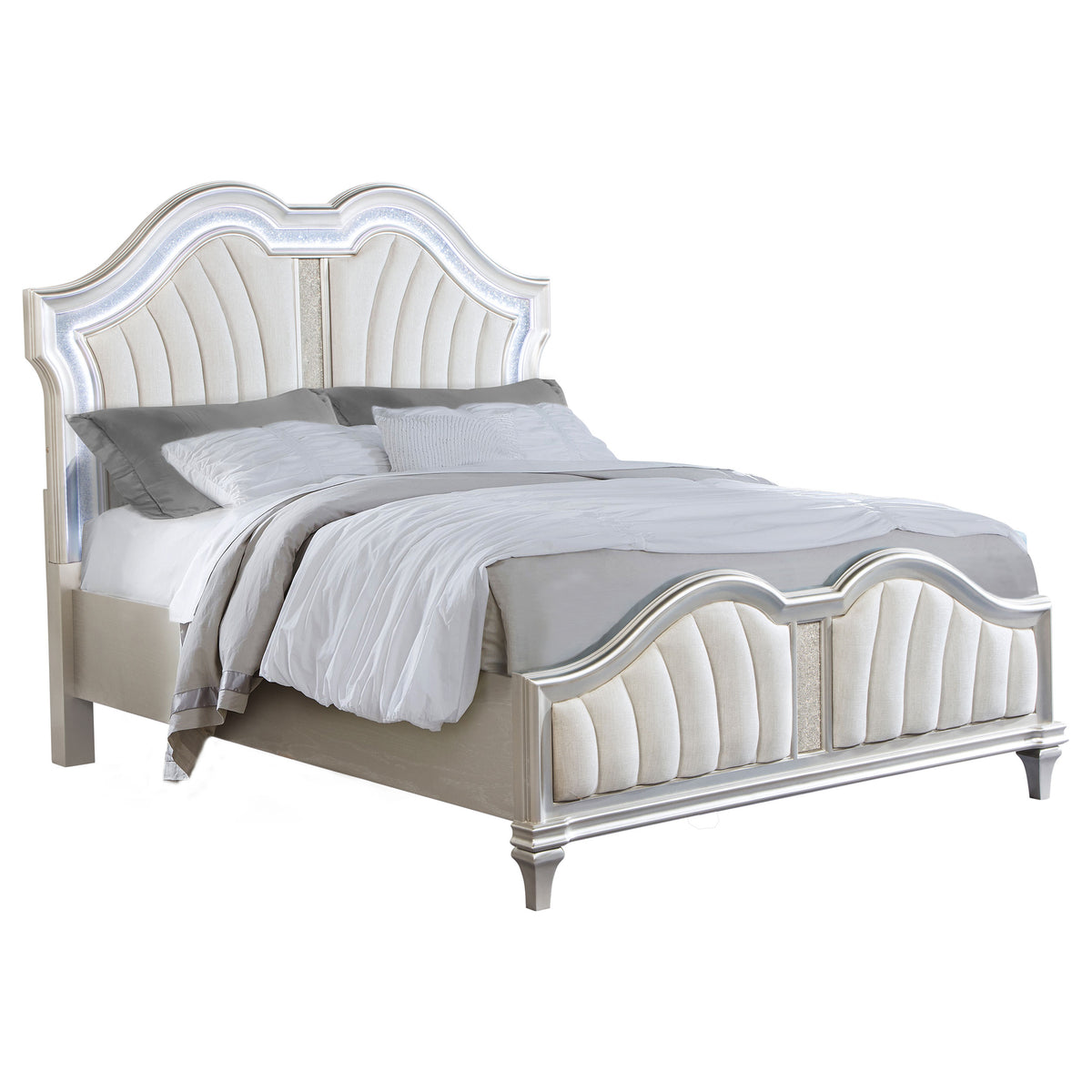 Evangeline Double Arch LED Panel Bed & Bedroom Sets - Silver Oak Glam with Ivory Chenille Tufting โ view 17