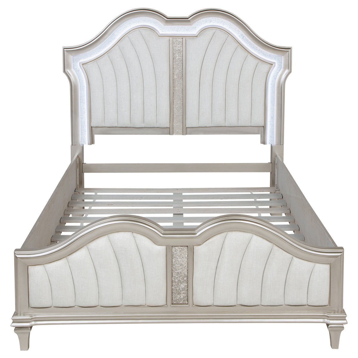 Evangeline Double Arch LED Panel Bed & Bedroom Sets - Silver Oak Glam with Ivory Chenille Tufting โ view 18