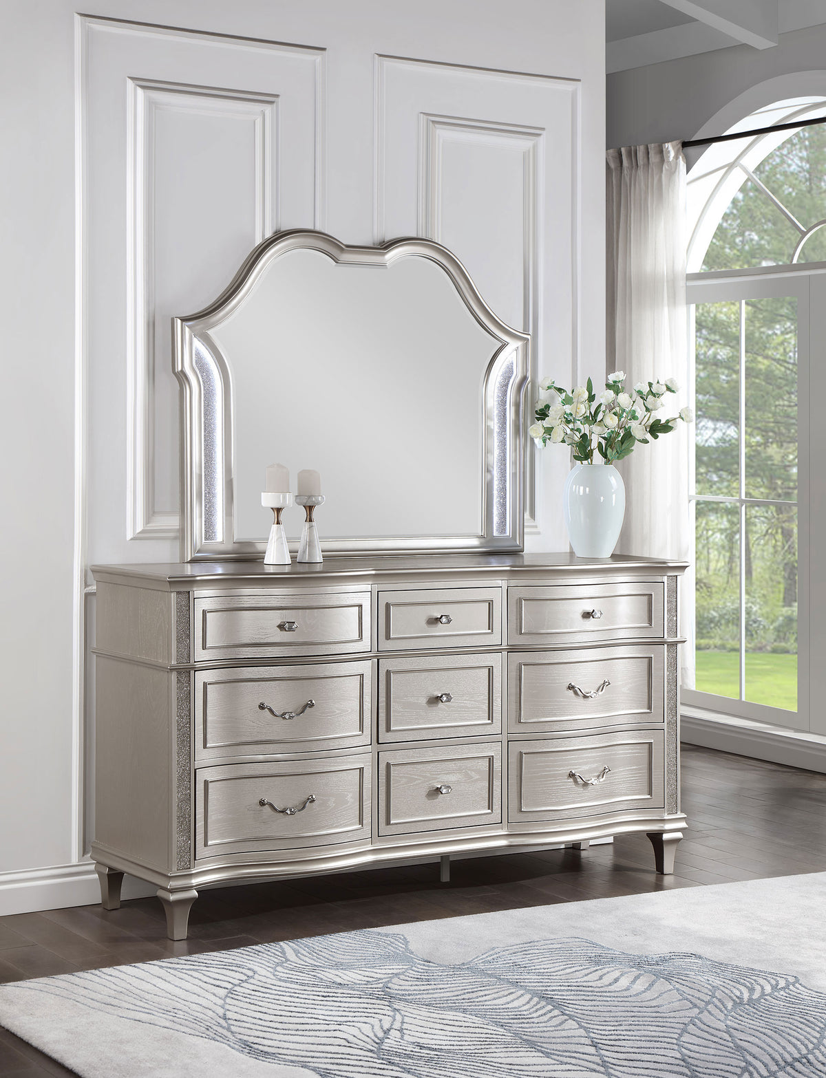 Evangeline Double Arch LED Panel Bed & Bedroom Sets - Silver Oak Glam with Ivory Chenille Tufting - lifestyle