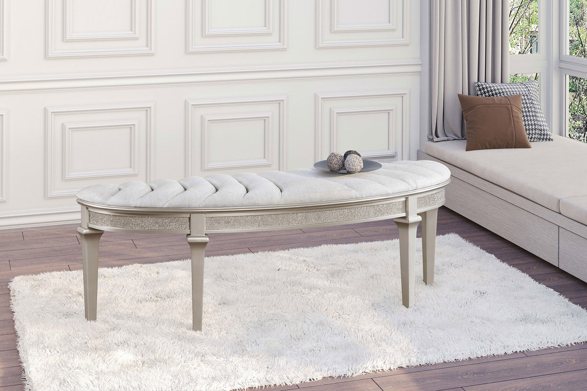 Evangeline Double Arch LED Panel Bed & Bedroom Sets - Silver Oak Glam with Ivory Chenille Tufting - lifestyle