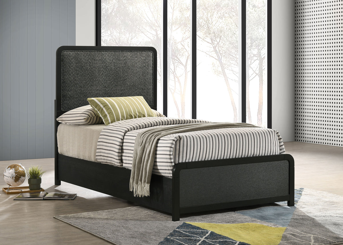 Cavelle Upholstered Panel Bed & Bedroom Sets - Charcoal Chenille Headboard with Burnished Black Frame & Brass Knobs โ view 1