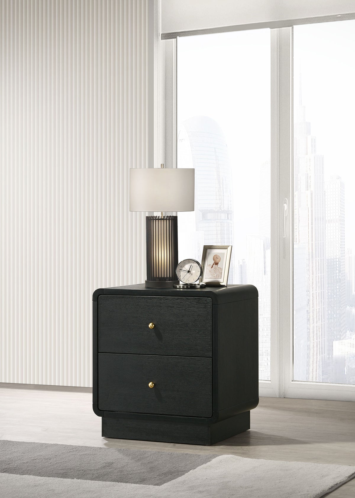 Cavelle Upholstered Panel Bed & Bedroom Sets - Charcoal Chenille Headboard with Burnished Black Frame & Brass Knobs - lifestyle