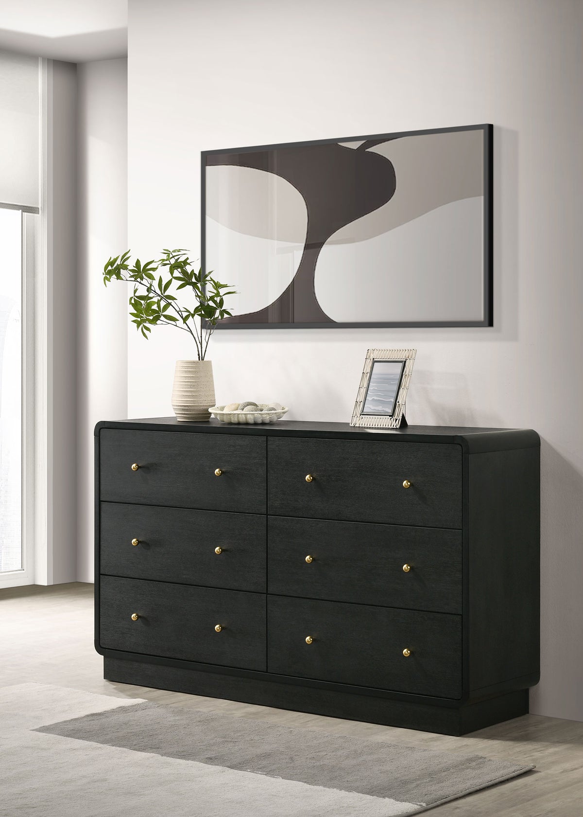 Cavelle Upholstered Panel Bed & Bedroom Sets - Charcoal Chenille Headboard with Burnished Black Frame & Brass Knobs - lifestyle