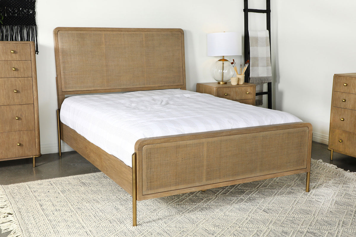 Arini Panel Bed & Bedroom Sets - Cream Upholstered or Natural Cane Bed in Sand Wash with Aged Brass Accents - lifestyle