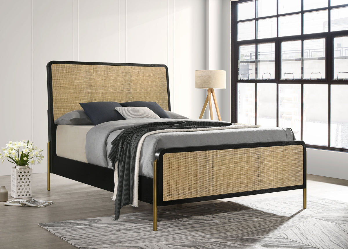 Arini Panel Bed & Bedroom Sets - Cream Upholstered or Woven Cane Panels with Aged Brass Legs in Black - lifestyle
