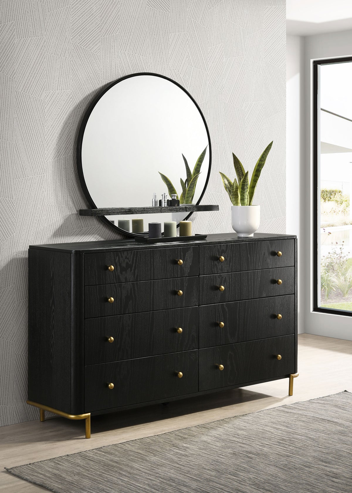 Arini Bedroom Storage & Vanity Collection - Dresser, Chest, Nightstand, Mirrors & Vanity in Black with Aged Brass - lifestyle
