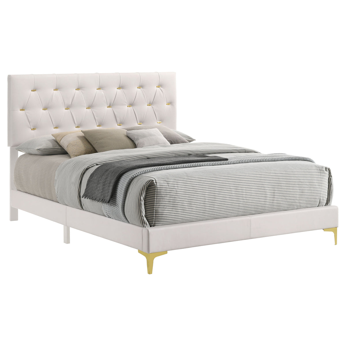 Kendall Diamond-Tufted Upholstered Bed & Bedroom Sets - Modern Glam White with Gold Accents, Queen to Cal King
