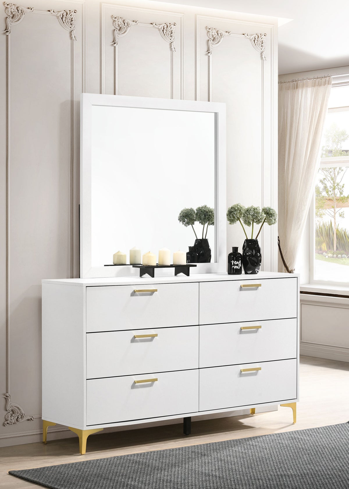 Kendall Diamond-Tufted Upholstered Bed & Bedroom Sets - Modern Glam White with Gold Accents, Queen to Cal King - lifestyle