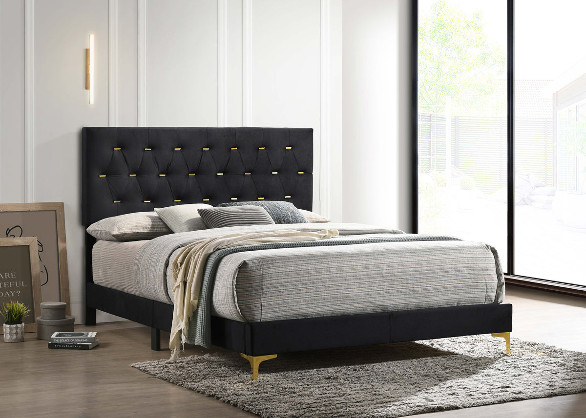 Kendall Diamond-Tufted Velvet Panel Bed & Bedroom Sets - Glam Black with Gold Accents, Queen & King โ view 1