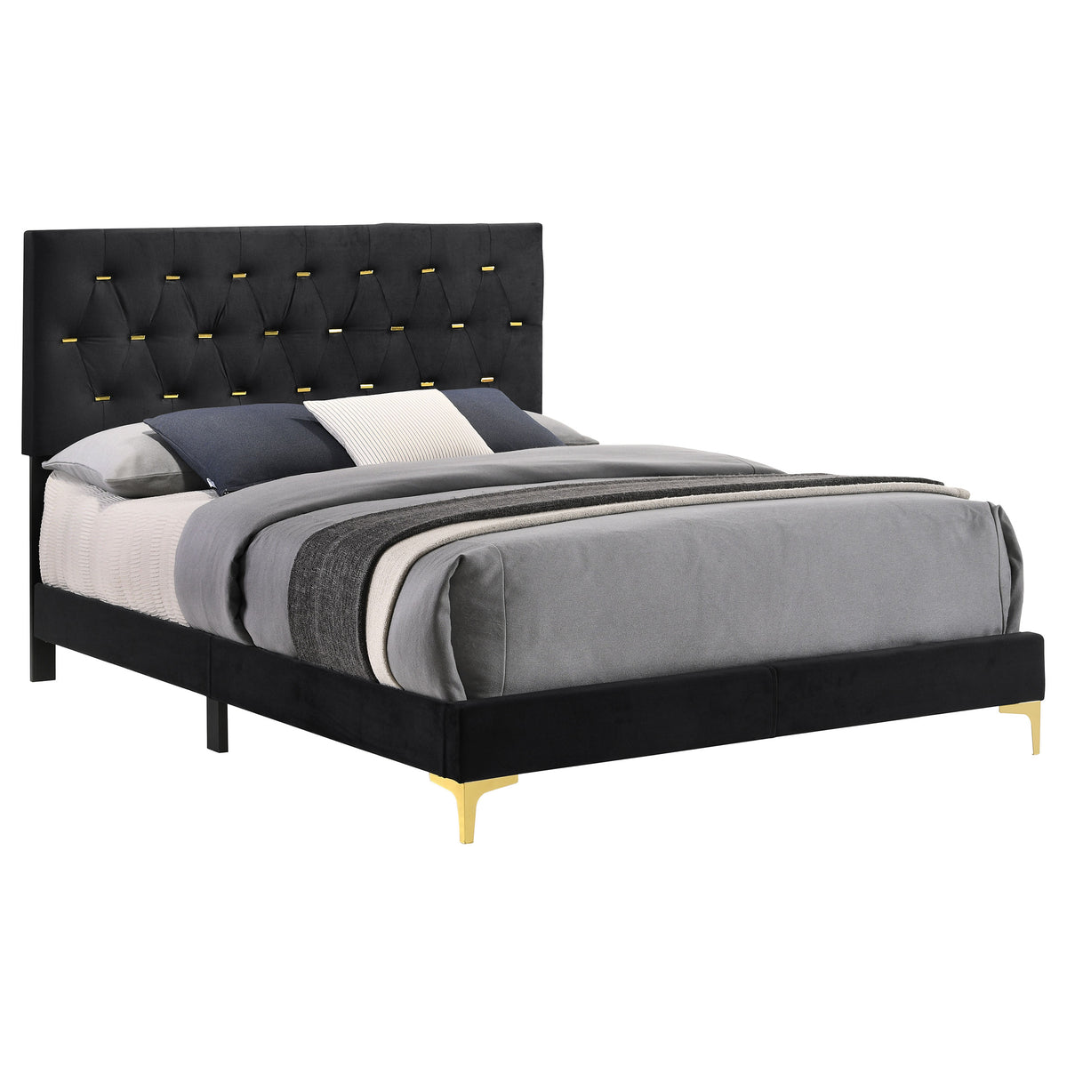 Kendall Diamond-Tufted Velvet Panel Bed & Bedroom Sets - Glam Black with Gold Accents, Queen & King