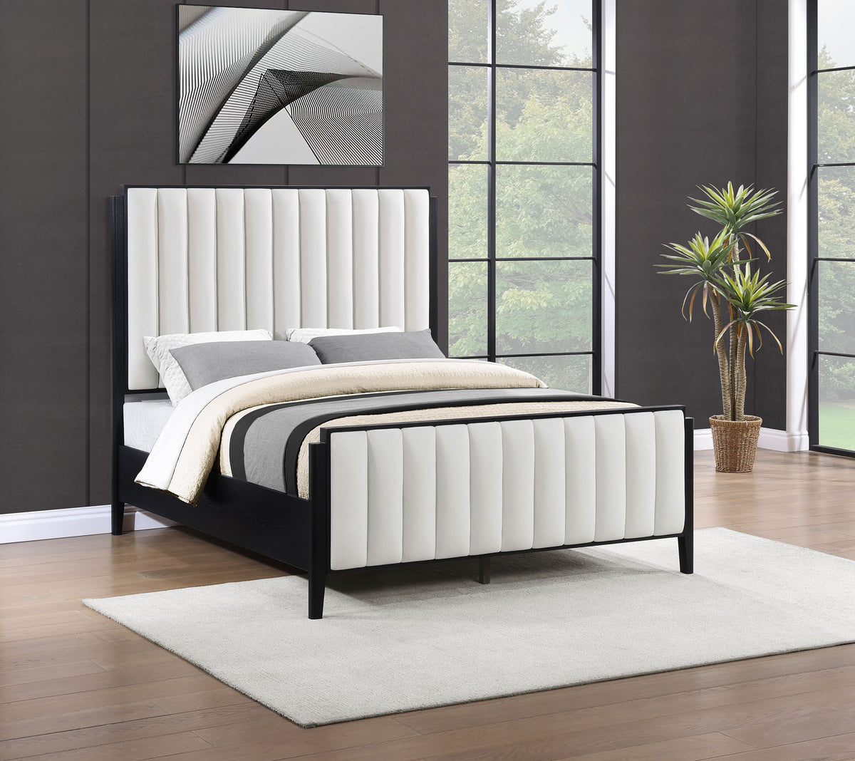 Brookmead Fluted Panel Bed & Bedroom Sets - Wire-Brushed Black with Wood or Ivory Upholstered Headboard, Queen to California King - lifestyle