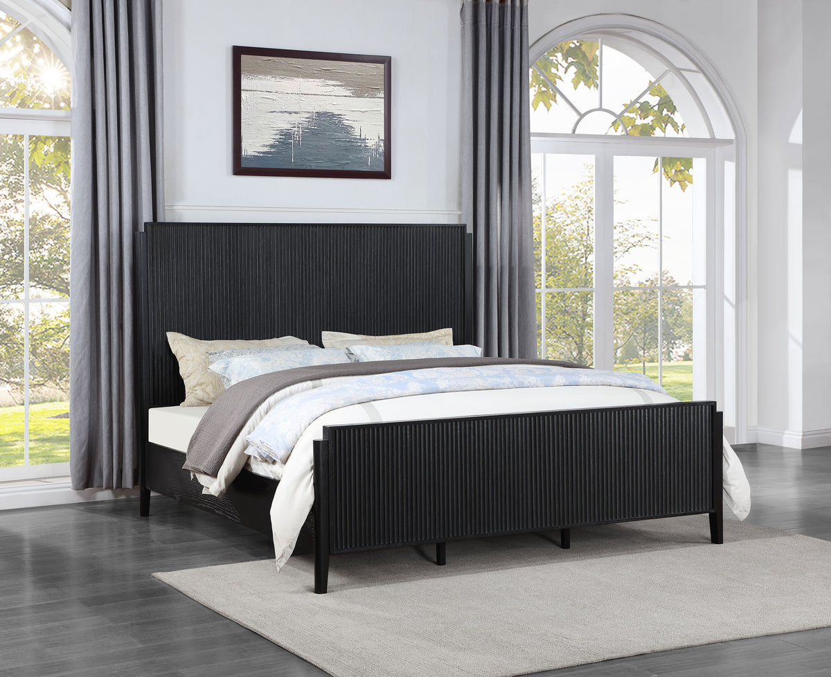 Brookmead Fluted Panel Bed & Bedroom Sets - Wire-Brushed Black with Wood or Ivory Upholstered Headboard, Queen to California King - lifestyle