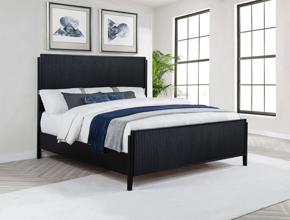 Brookmead Fluted Panel Bed & Bedroom Sets - Wire-Brushed Black with Wood or Ivory Upholstered Headboard, Queen to California King - lifestyle
