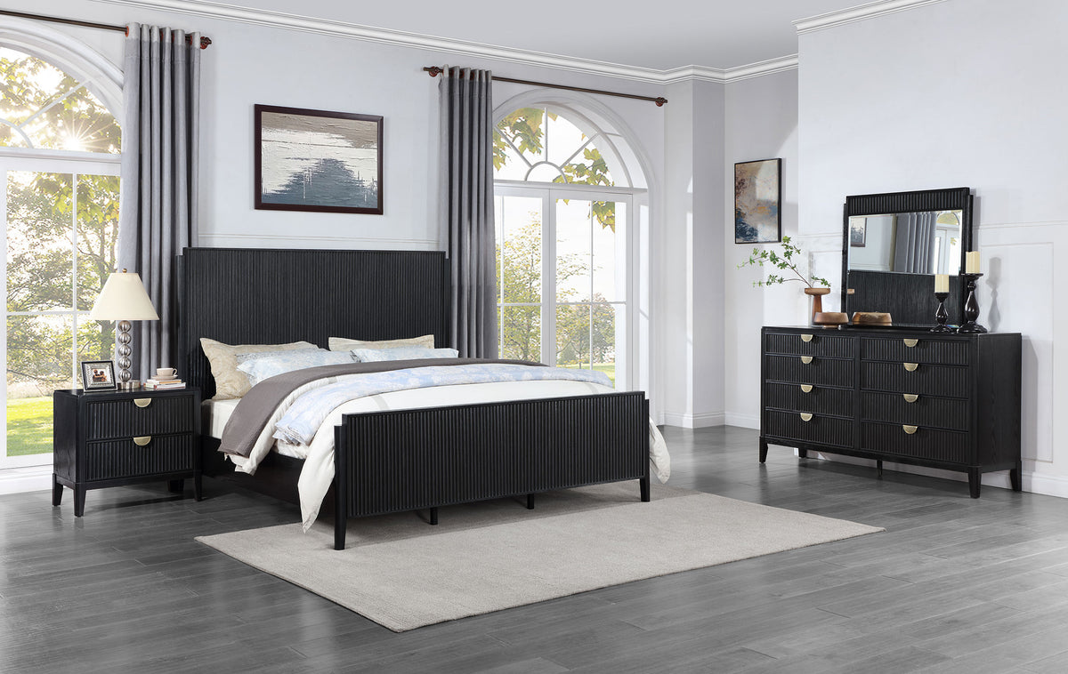 Brookmead Fluted Panel Bed & Bedroom Sets - 4pcs- Queen Wood Panel Bed + Dresser + Mirror + Nightstand