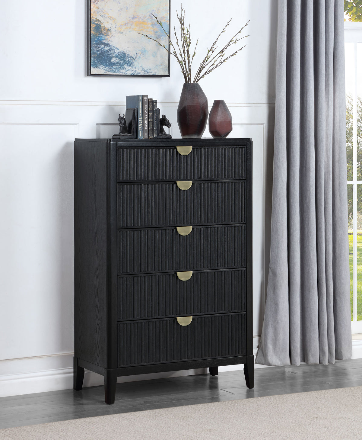 Brookmead Fluted Panel Bed & Bedroom Sets - Wire-Brushed Black with Wood or Ivory Upholstered Headboard, Queen to California King - lifestyle