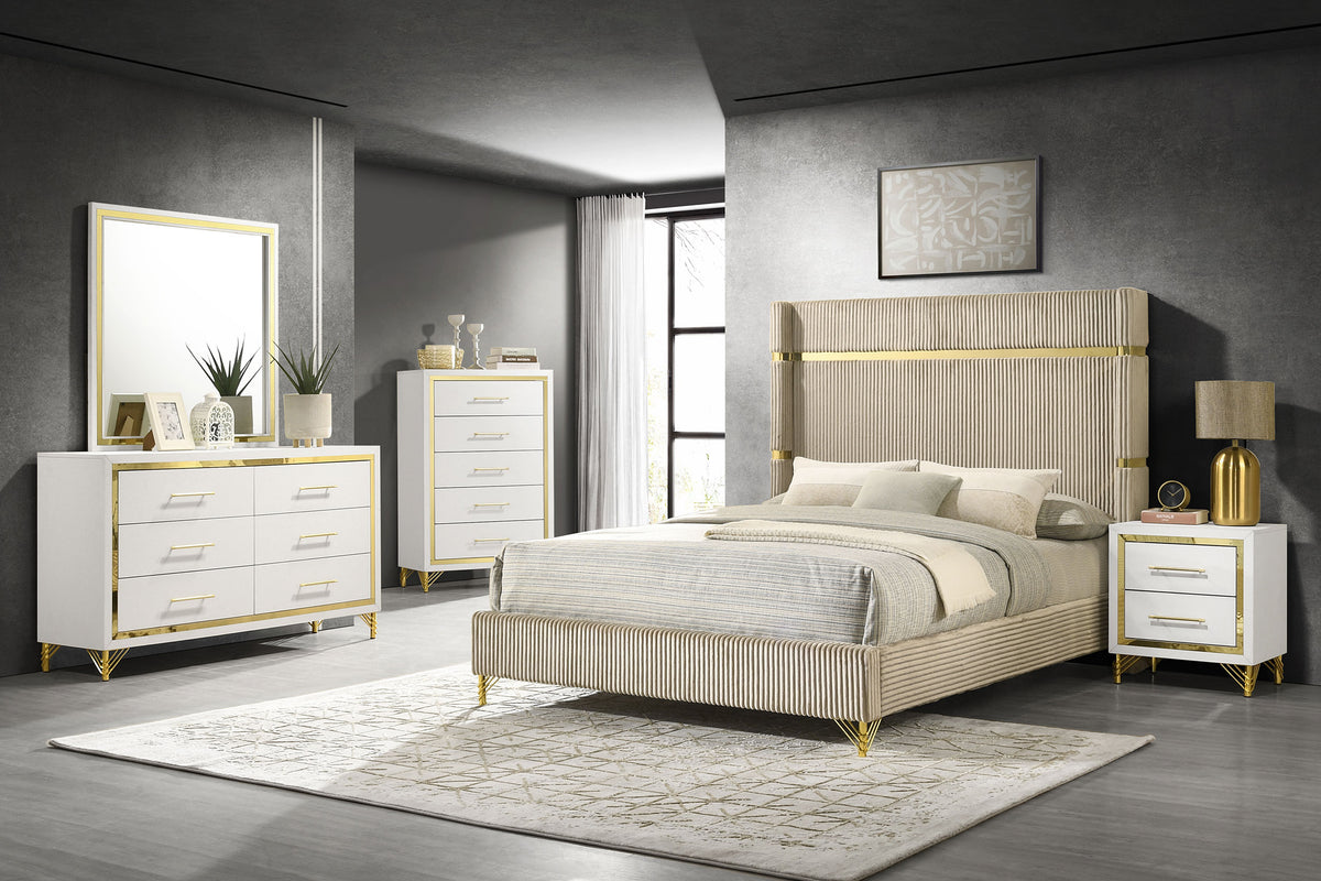 Lucia Fluted Velvet Wingback Bed & Bedroom Sets - 5pcs- Eastern King Bed + Dresser + Mirror + Nightstand + Chest