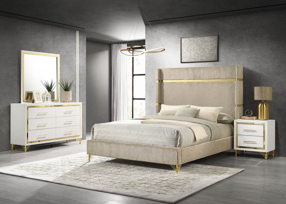 Lucia Fluted Velvet Wingback Bed & Bedroom Sets - 4pcs- Queen Bed + Dresser + Mirror + Nightstand