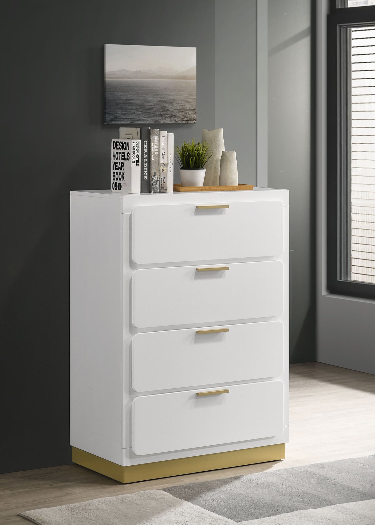Caraway LED Panel Bed & Bedroom Sets - Upholstered Headboard in White with Gold Accents, Queen & King - lifestyle