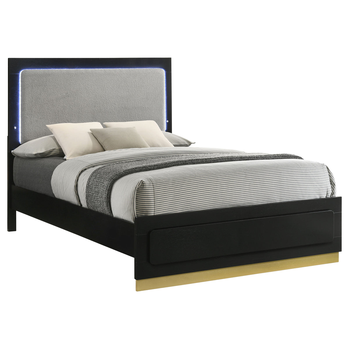 Caraway LED Panel Bed & Bedroom Sets - Black & Gold with Grey Upholstered Headboard, Queen to California King โ view 15