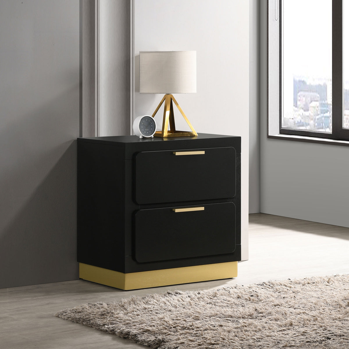 Caraway LED Panel Bed & Bedroom Sets - Black & Gold with Grey Upholstered Headboard, Queen to California King - lifestyle