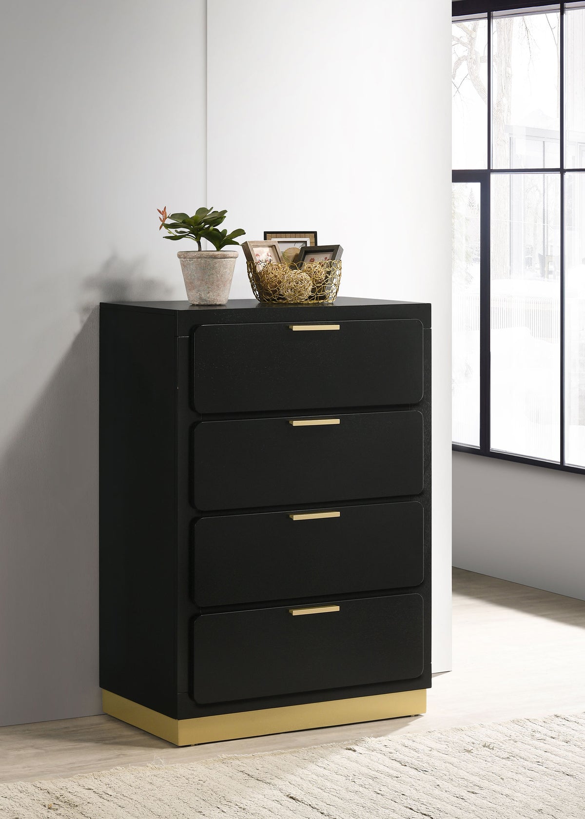 Caraway LED Panel Bed & Bedroom Sets - Black & Gold with Grey Upholstered Headboard, Queen to California King - lifestyle