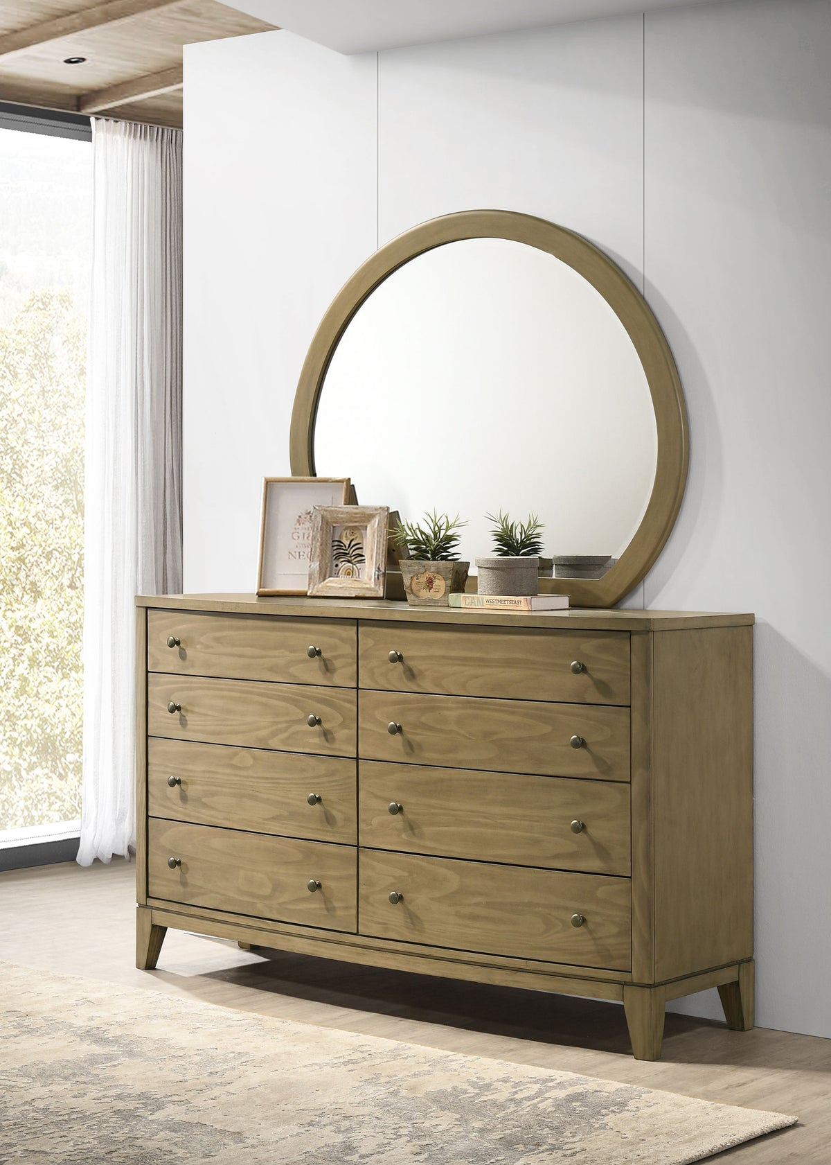 Granada Upholstered Panel Bed & Bedroom Sets - Channeled Beige Headboard in Natural Pine, Queen to California King - lifestyle