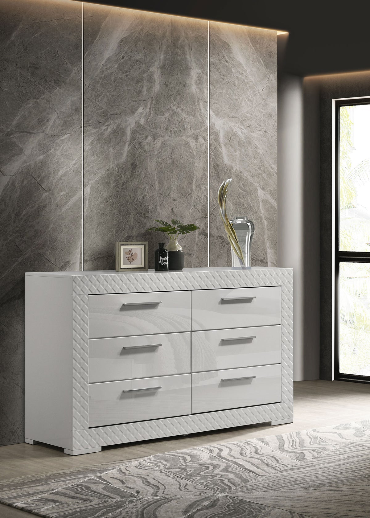 Ives LED Panel Bed & Bedroom Sets - Diamond Tile Emboss in White High Gloss, Modern Italian Style - lifestyle