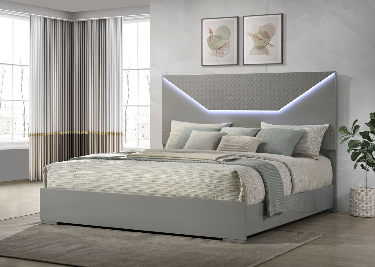 Ives LED Panel Bed & Bedroom Sets - Grey High Gloss with 3D Diamond Tile Emboss & Chrome Hardware โ view 2