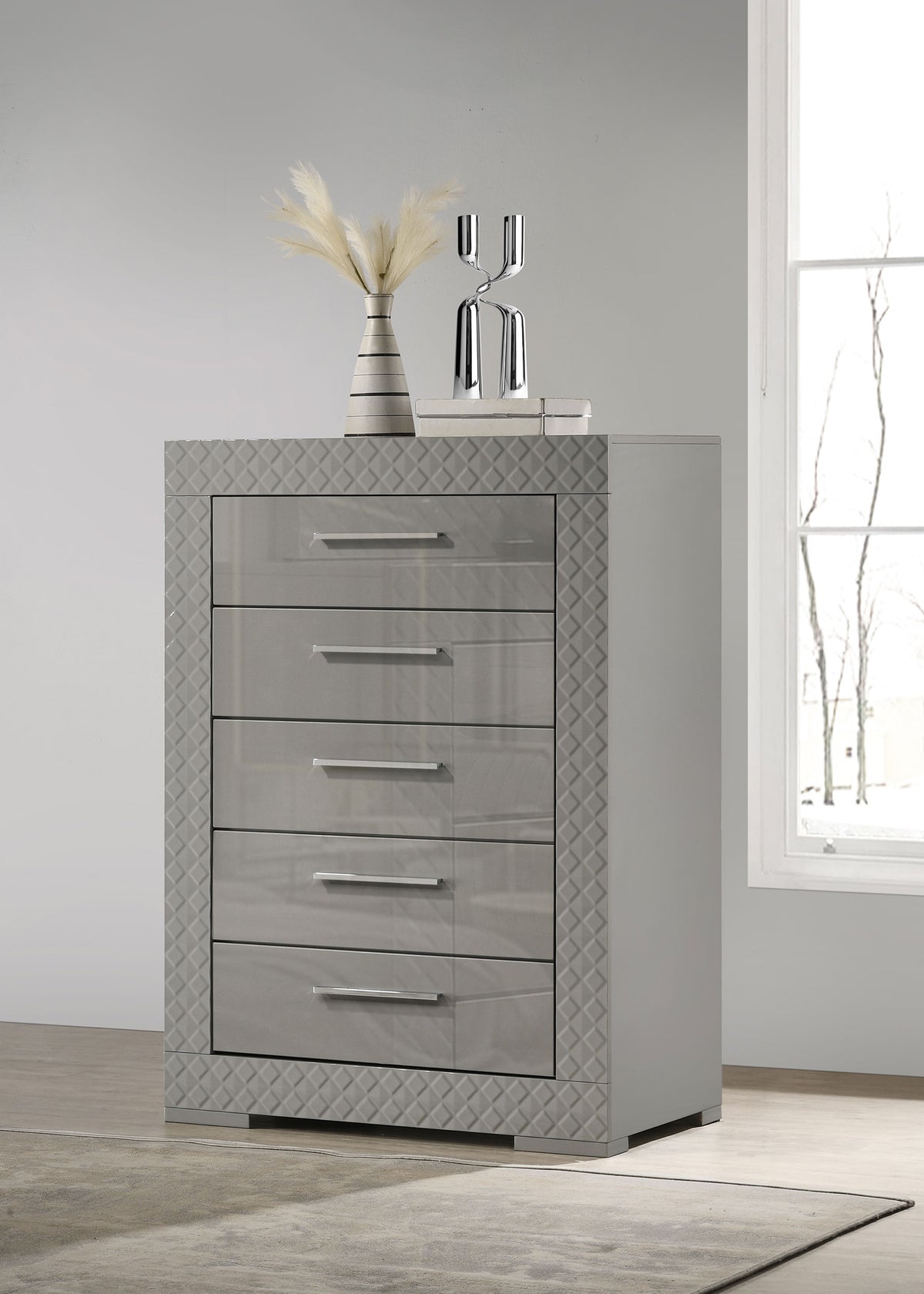 Ives LED Panel Bed & Bedroom Sets - Grey High Gloss with 3D Diamond Tile Emboss & Chrome Hardware - lifestyle