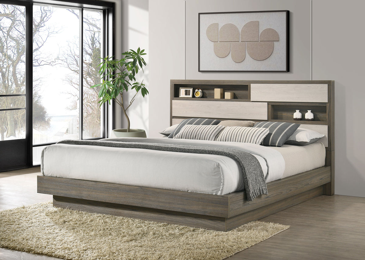 Fenwick Bookcase Bed & Bedroom Sets - Two-Tone Grey Oak with Hidden Storage, Queen to California King - lifestyle