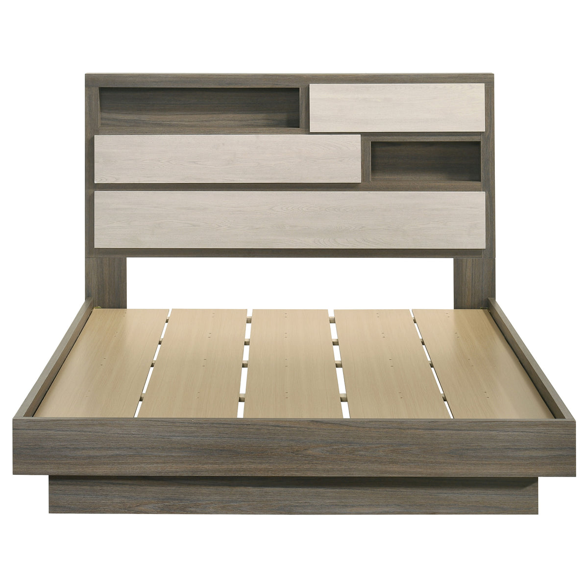 Fenwick Bookcase Bed & Bedroom Sets - Two-Tone Grey Oak with Hidden Storage, Queen to California King