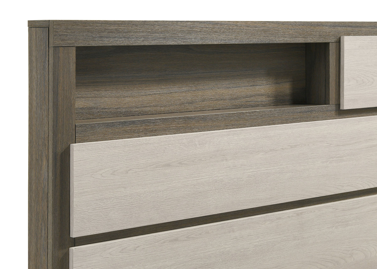 Fenwick Bookcase Bed & Bedroom Sets - Two-Tone Grey Oak with Hidden Storage, Queen to California King