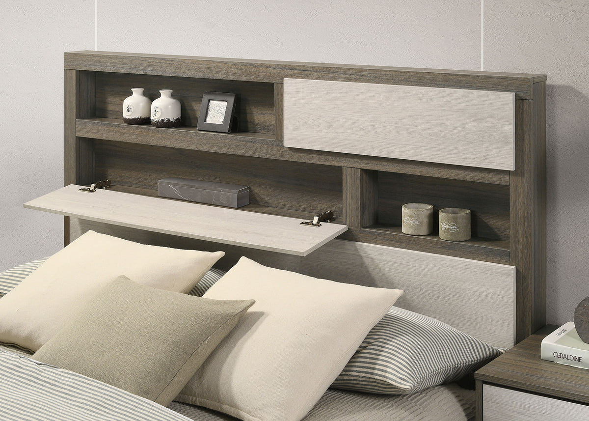 Fenwick Bookcase Bed & Bedroom Sets - Two-Tone Grey Oak with Hidden Storage, Queen to California King