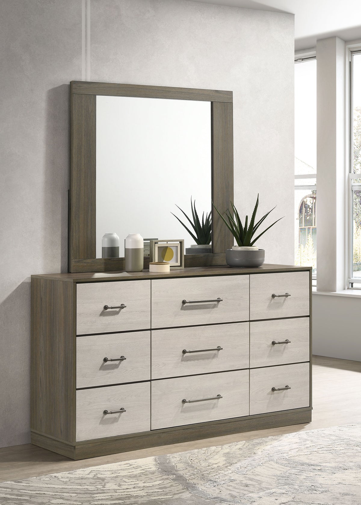 Fenwick Bookcase Bed & Bedroom Sets - Two-Tone Grey Oak with Hidden Storage, Queen to California King - lifestyle