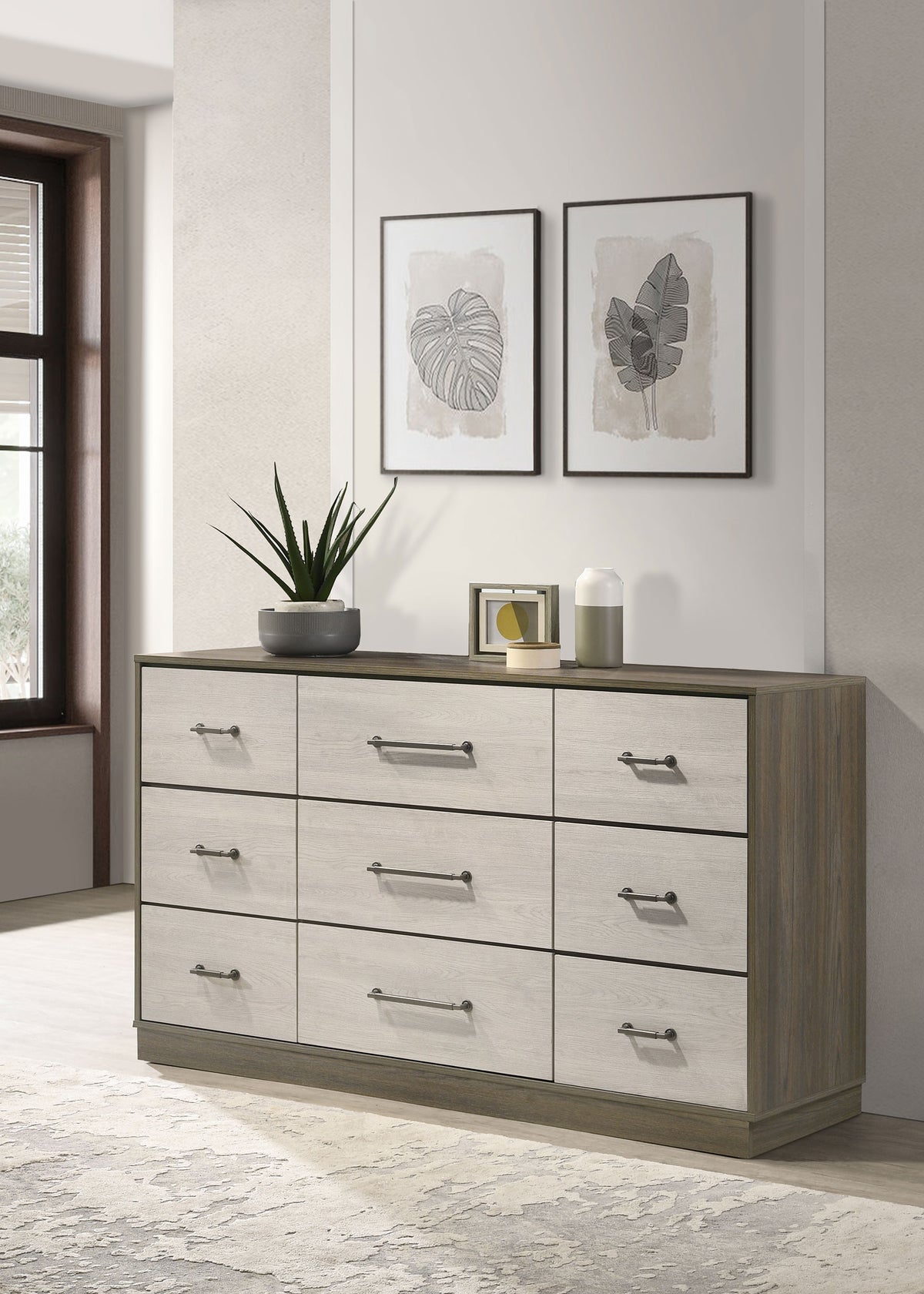 Fenwick Bookcase Bed & Bedroom Sets - Two-Tone Grey Oak with Hidden Storage, Queen to California King - lifestyle