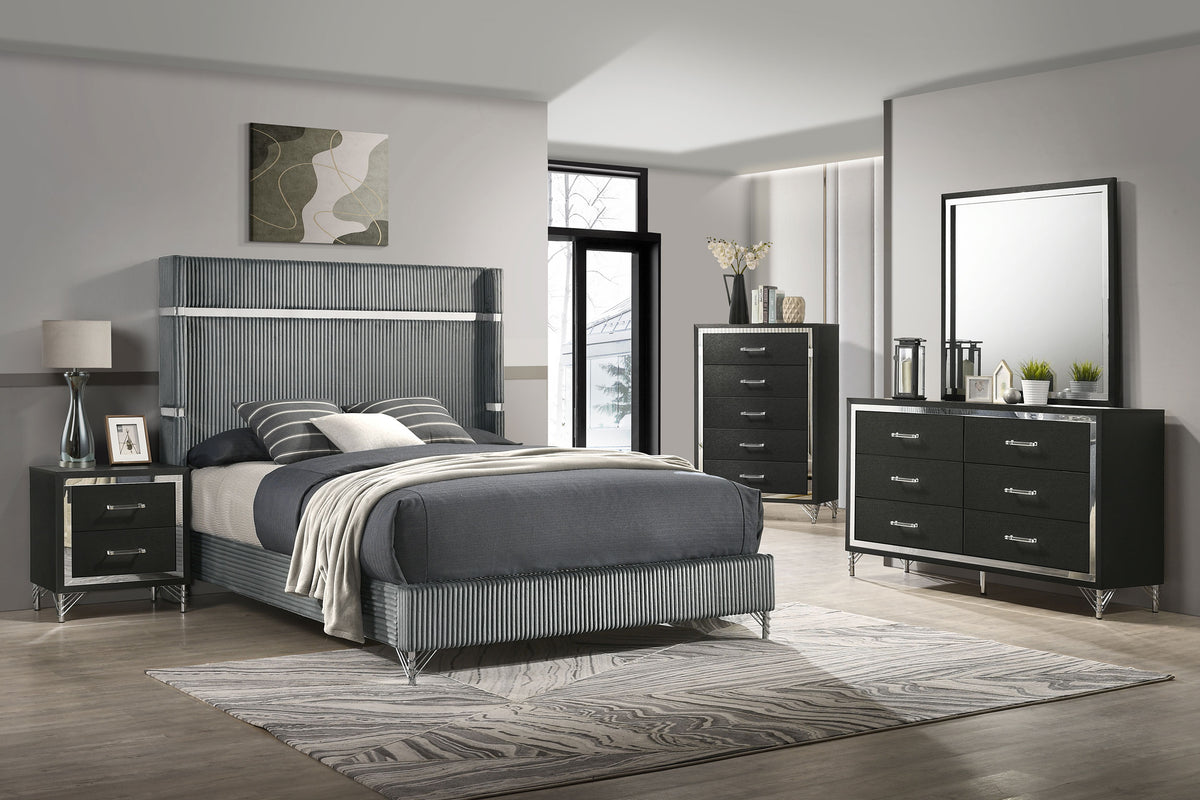 Lucia Fluted Velvet Wingback Bed & Bedroom Sets - 5pcs- Eastern King Wingback Bed + Nightstand + Dresser + Mirror + Chest
