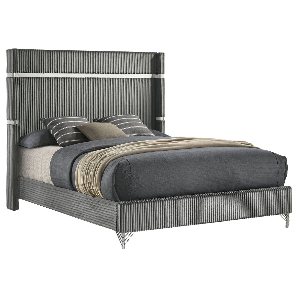 Lucia Fluted Velvet Wingback Bed & Bedroom Sets - Grey Upholstery with Black & Chrome Case Pieces