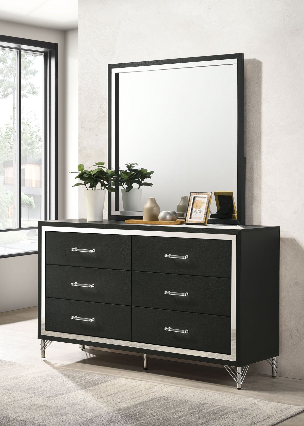 Lucia Fluted Velvet Wingback Bed & Bedroom Sets - Grey Upholstery with Black & Chrome Case Pieces - lifestyle