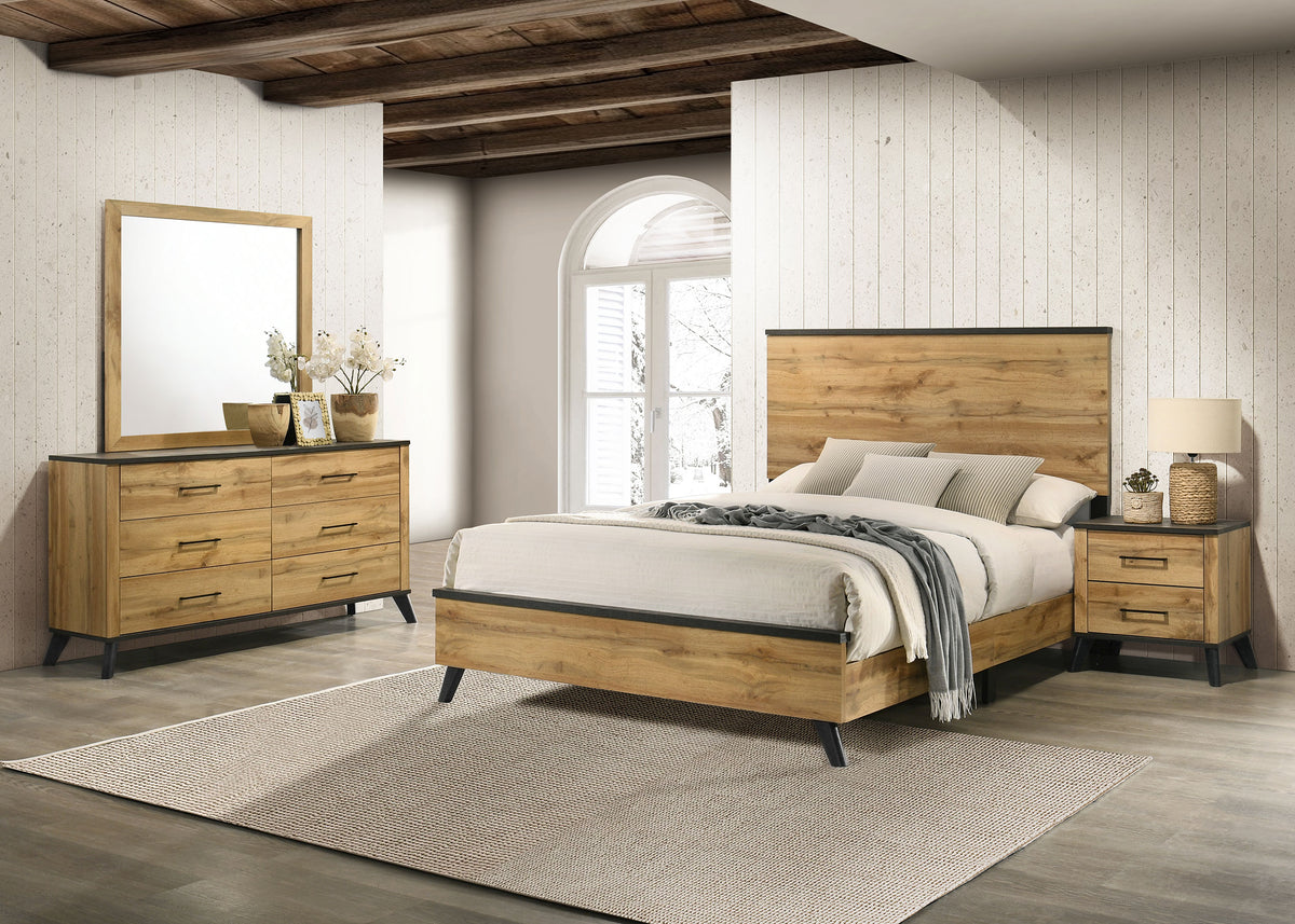 Kaywood Mid-Century Panel Bed & Bedroom Sets - Eastern King, 4pcs- Bed + Nightstand + Dresser + Mirror