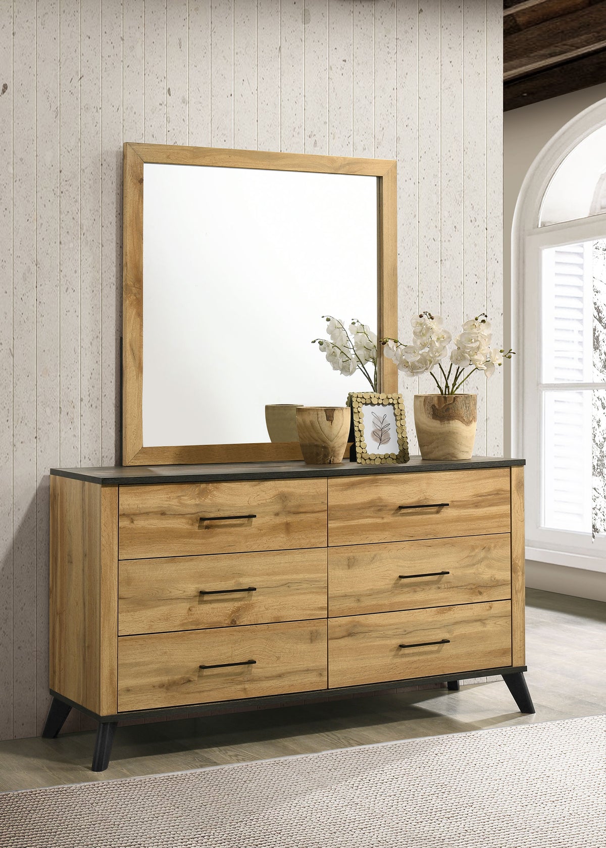 Kaywood Mid-Century Panel Bed & Bedroom Sets - Weathered Brown & Natural Pine with Black Pulls, Twin to Eastern King - lifestyle