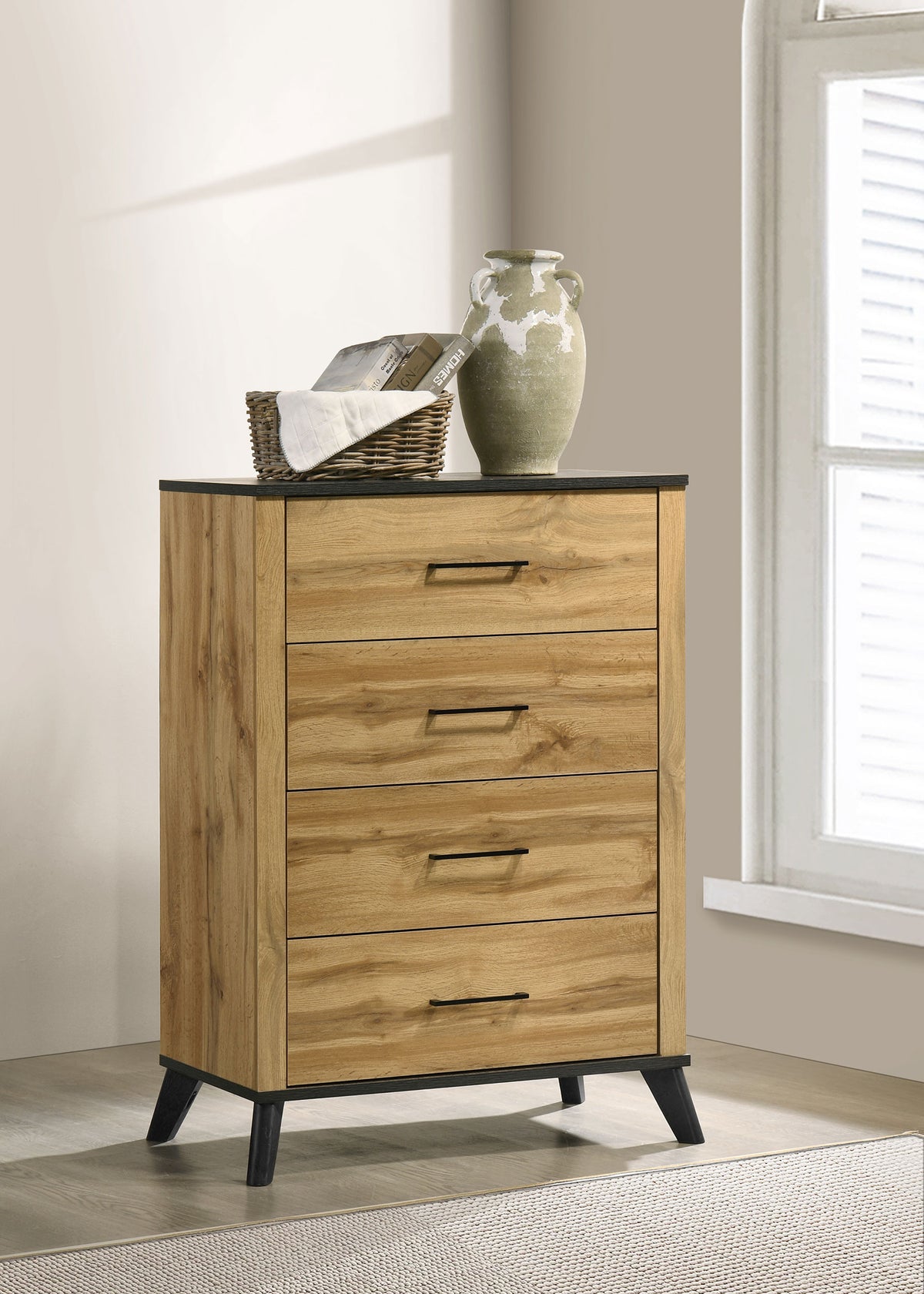 Kaywood Mid-Century Panel Bed & Bedroom Sets - Weathered Brown & Natural Pine with Black Pulls, Twin to Eastern King - lifestyle