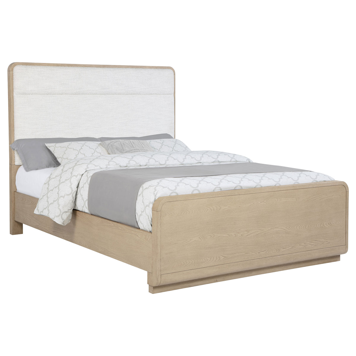 Ladera Panel Bed & Bedroom Sets - Light Elm with Cream Boucle Headboard & Rounded Corners