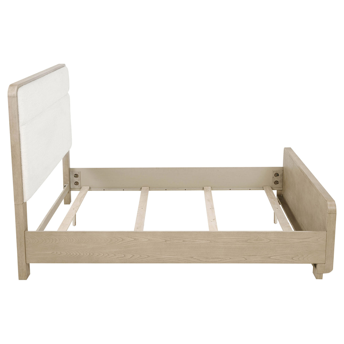 Ladera Panel Bed & Bedroom Sets - Light Elm with Cream Boucle Headboard & Rounded Corners