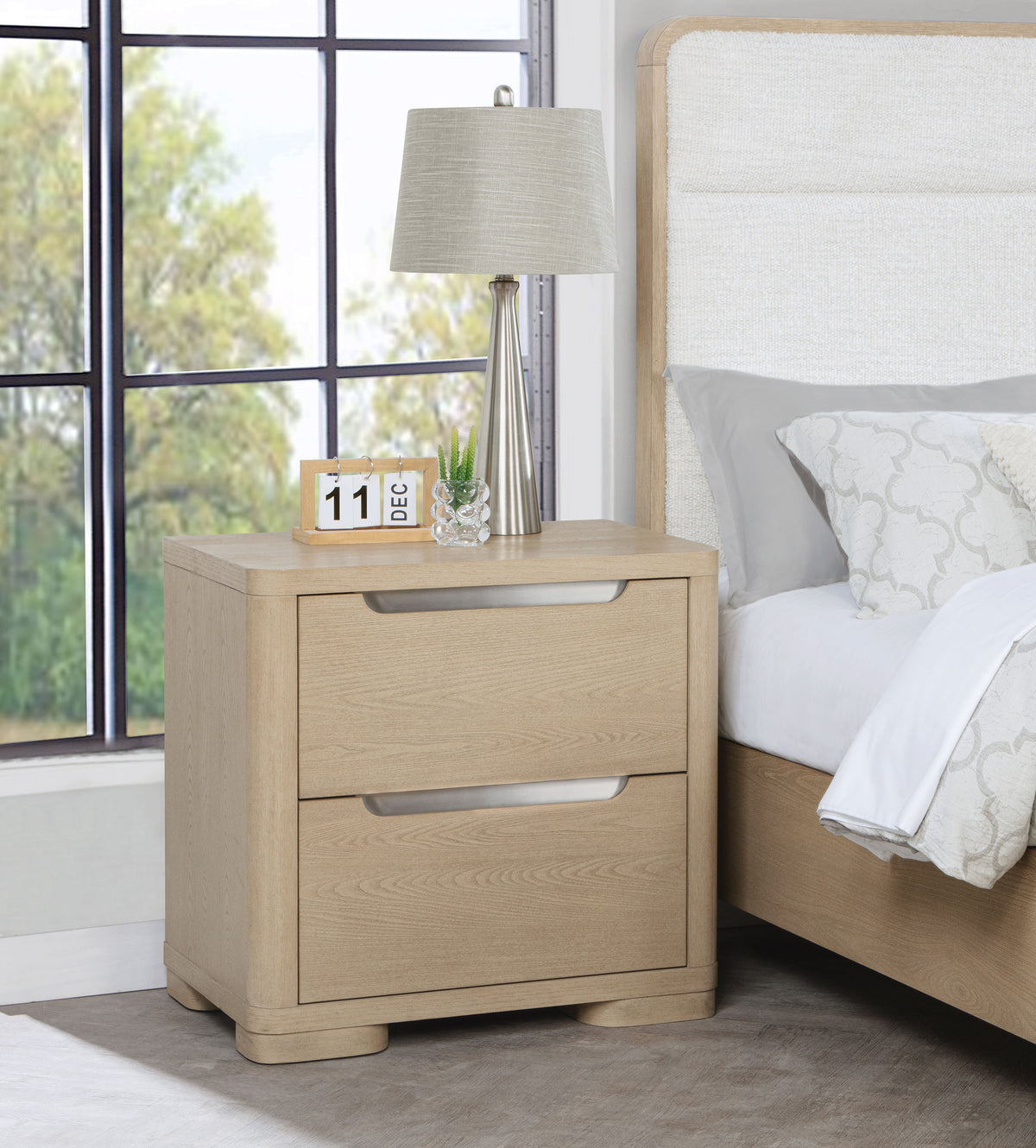 Ladera Panel Bed & Bedroom Sets - Light Elm with Cream Boucle Headboard & Rounded Corners - lifestyle