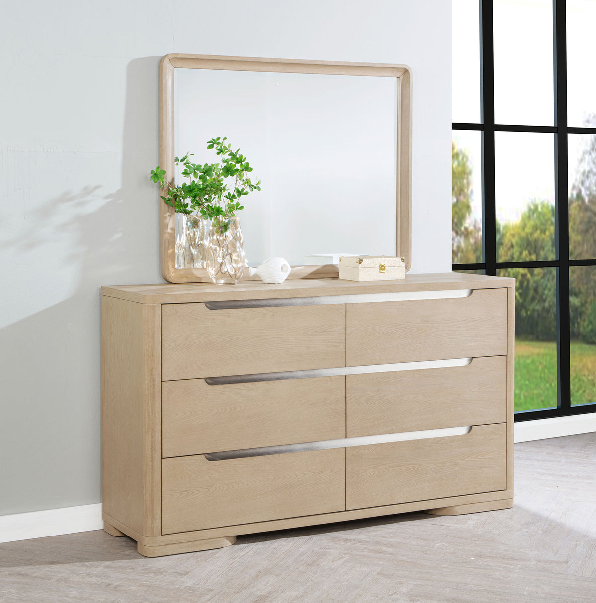 Ladera Panel Bed & Bedroom Sets - Light Elm with Cream Boucle Headboard & Rounded Corners - lifestyle