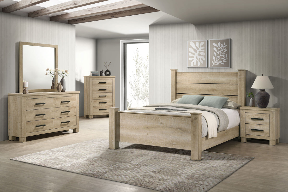 Oakglen Planked Panel Bed & Bedroom Sets - 5pcs- Eastern King Bed + Nightstand + Dresser + Mirror + Chest